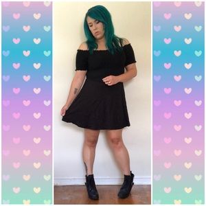 New Look Off Shoulder Smocked Black Mini Dress